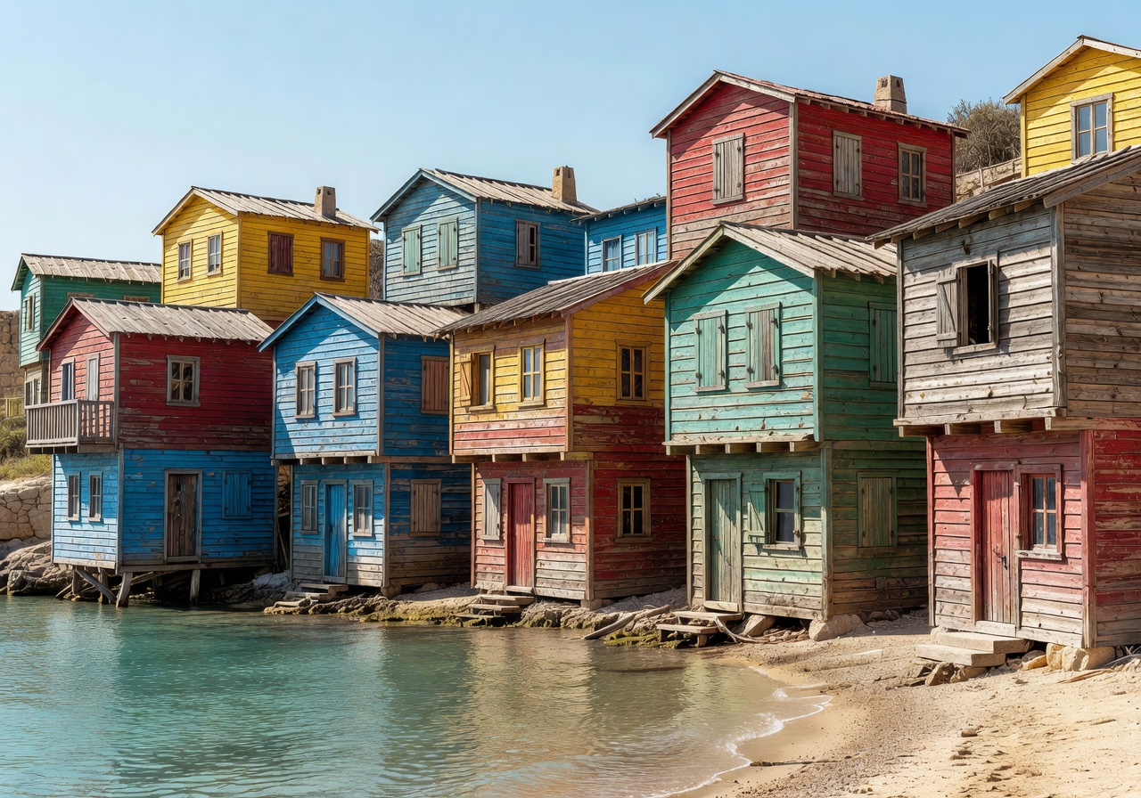 Colorful rustic wooden buildings of Popeye Village Malta