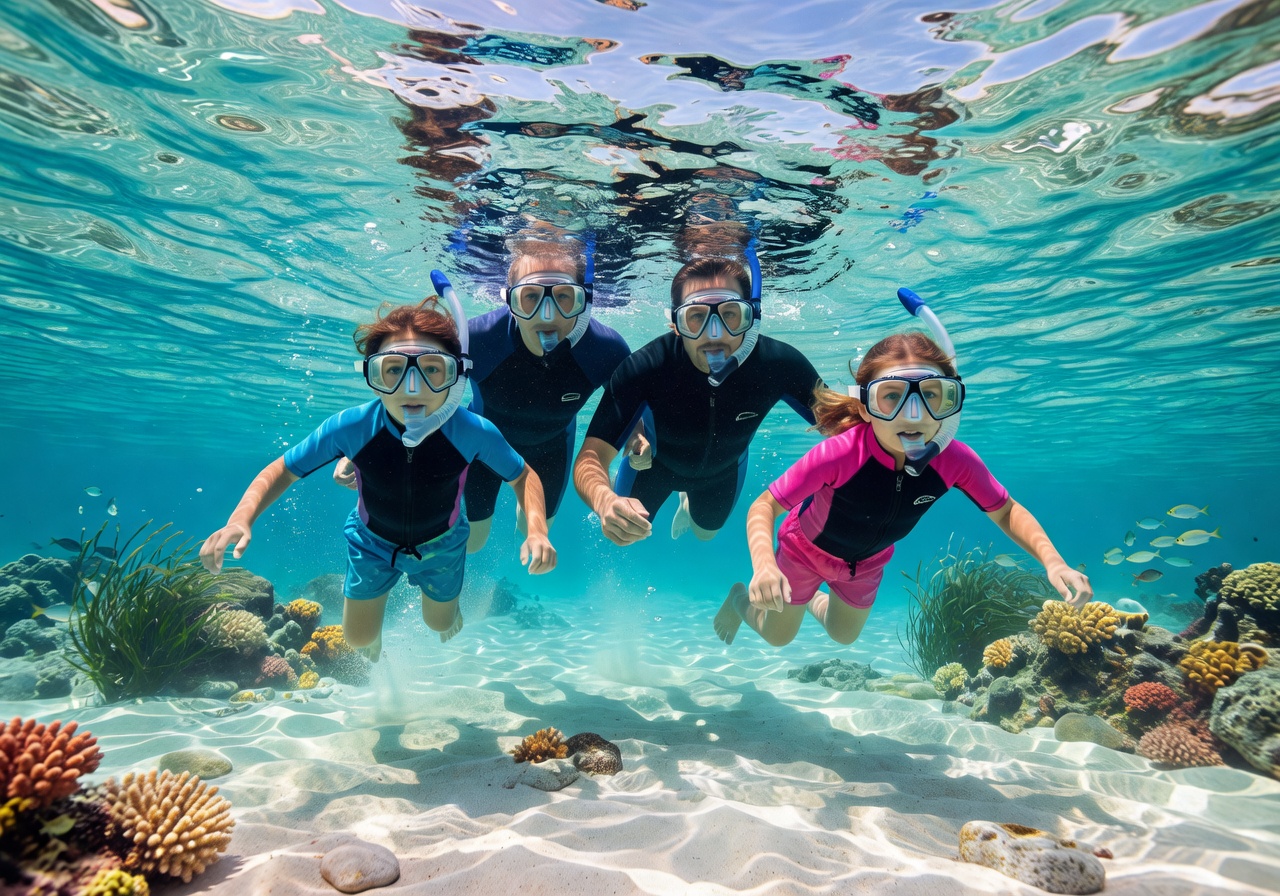 Family snorkeling in Mediterranean Sea
