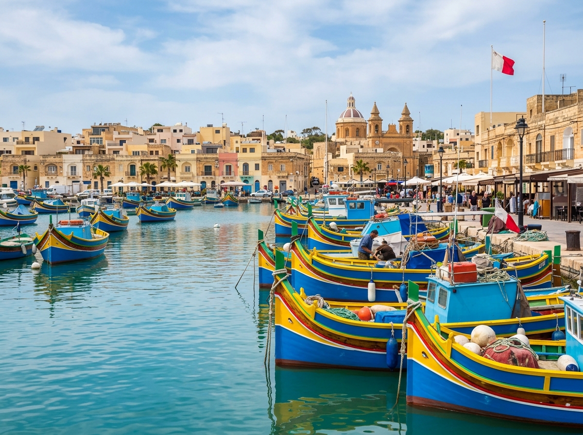 Colorful luzzu boats in Marsaxlokk fishing village Malta